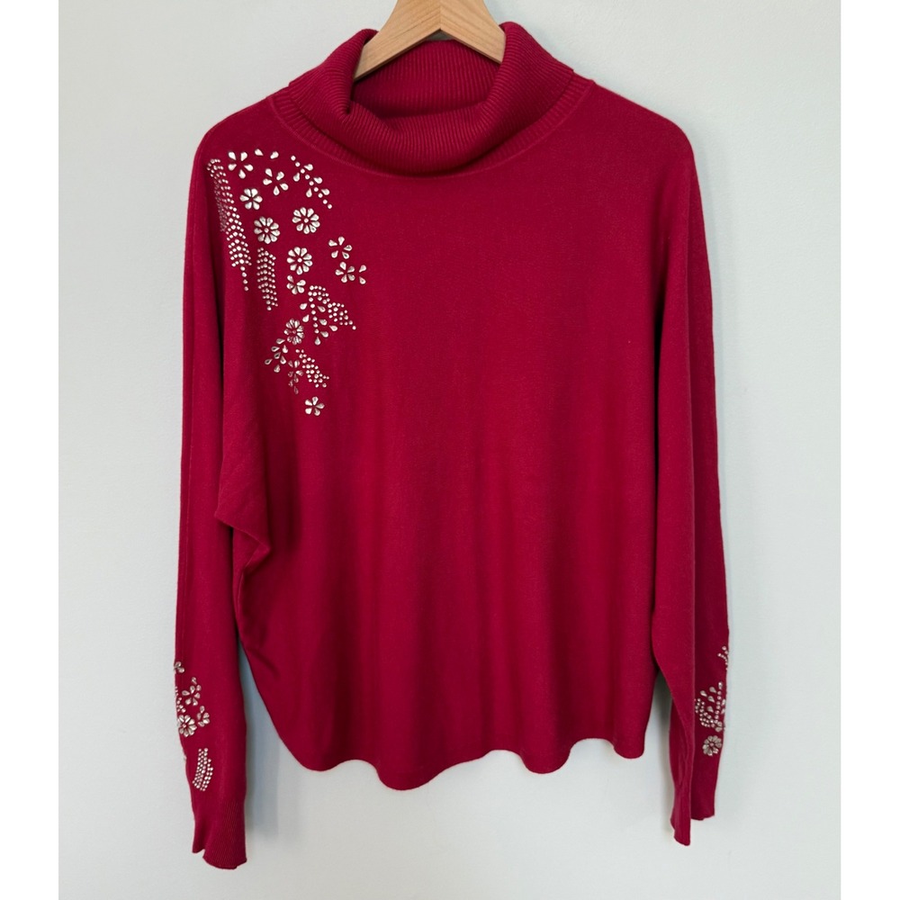 LIV Milano Rhinestone Floral Embellished Turtleneck Burgundy Sweater Size Large